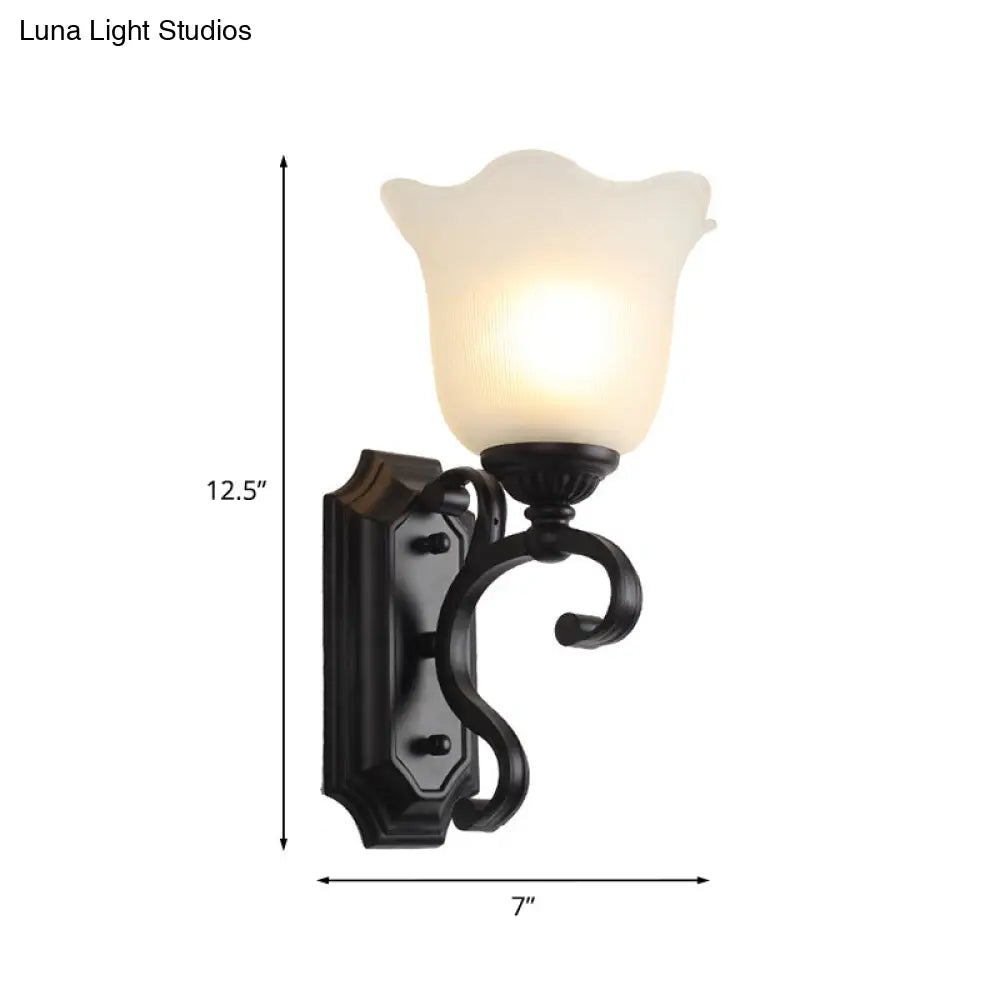 Antique Milk Glass Floral Wall Lamp - Black 1-Bulb Sconce Fixture For Living Room Lighting