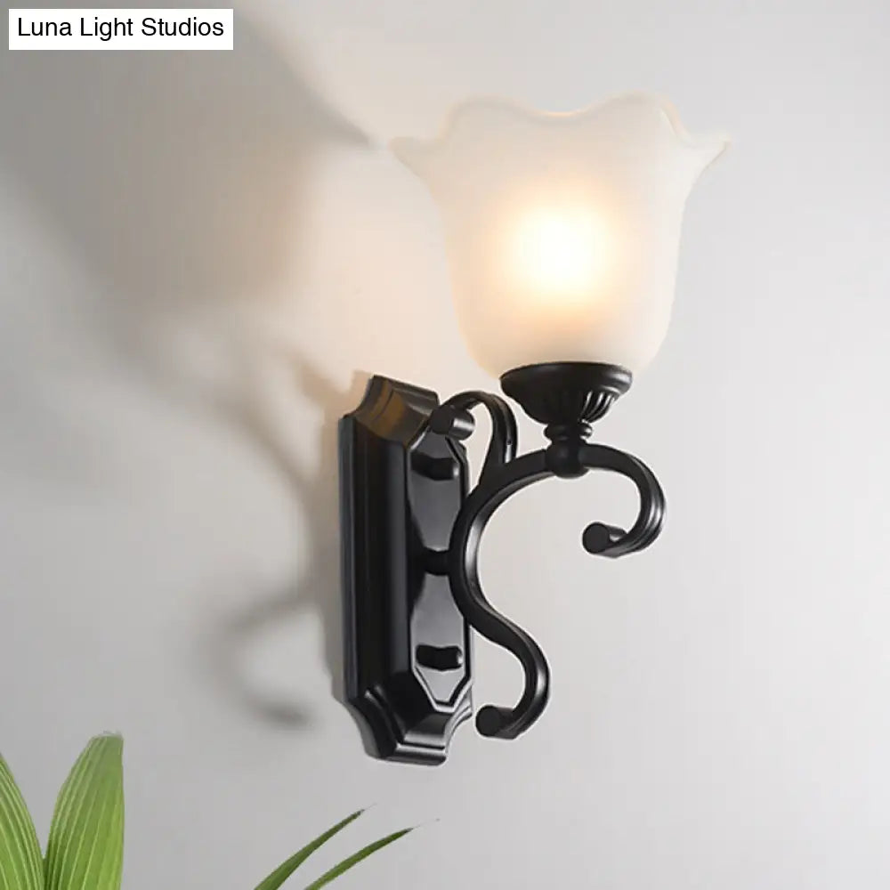 Antique Milk Glass Floral Wall Lamp - Black 1-Bulb Sconce Fixture For Living Room Lighting