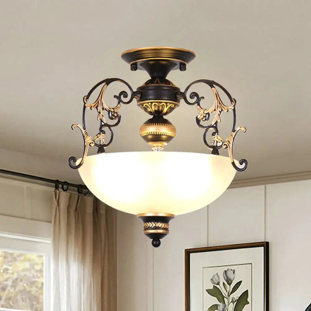 Antique Opal Glass 3 - Light Black Semi - Mount Ceiling Lamp With Swirled Arm