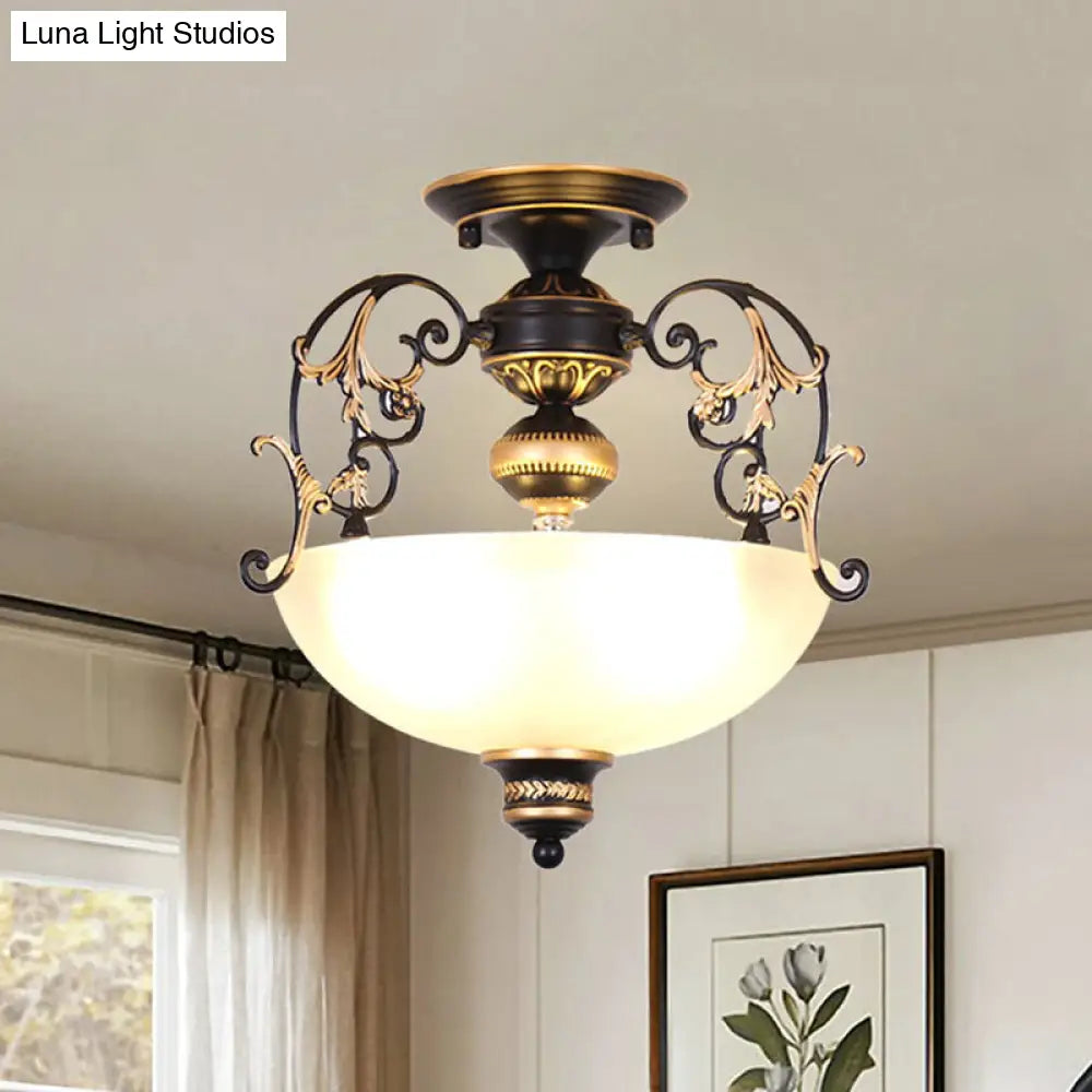 Antique Opal Glass 3-Light Black Semi-Mount Ceiling Lamp With Swirled Arm