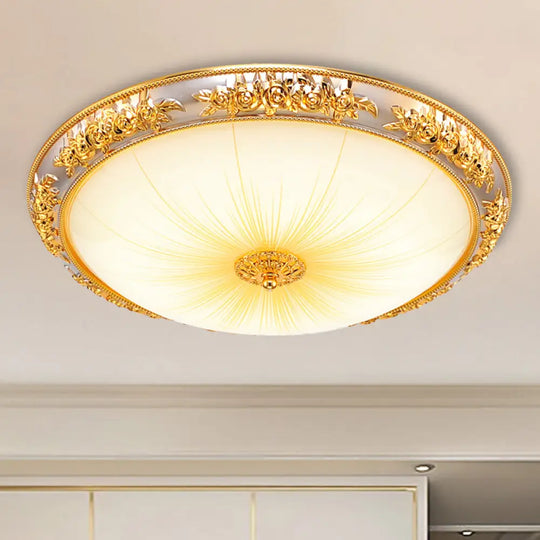 Antique Opal Glass Flush Mount Ceiling Light With Embossed Rose Trim Gold / 12.5’