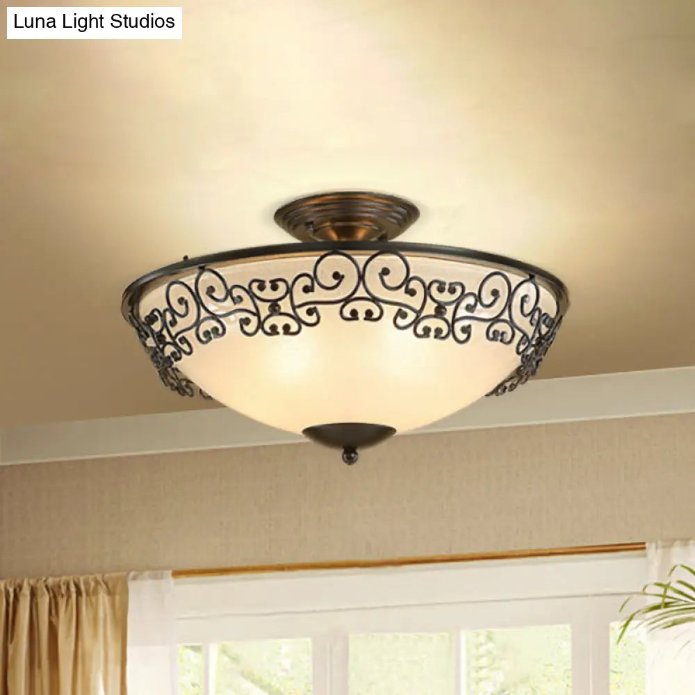 Antique Opal Glass Semi Flush Mount Ceiling Light With Gold/Black Bowl And 5 Bulbs For Dining Room