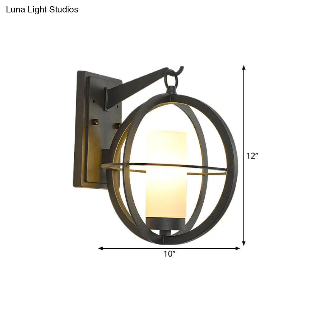 Antique Opaque Glass Wall Lamp For Courtyard - Cylindrical Design Black Spherical Frame