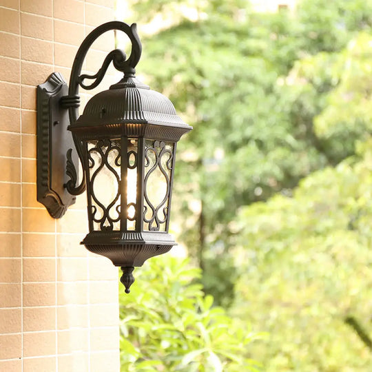 Antique Outdoor Sconce Light With Rippled Glass Shade - Wall Mount Lantern Black