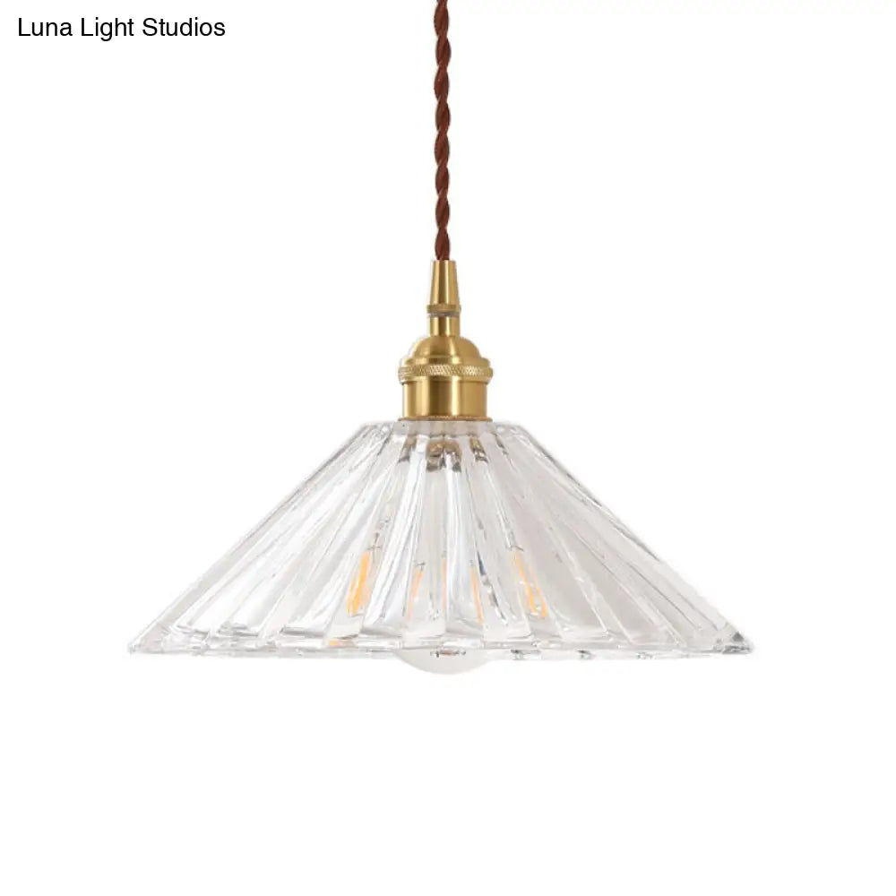 Antique Pendant Light With Clear Ribbed Glass Shade For Dining Room - 1-Light Ceiling Hang Lamp