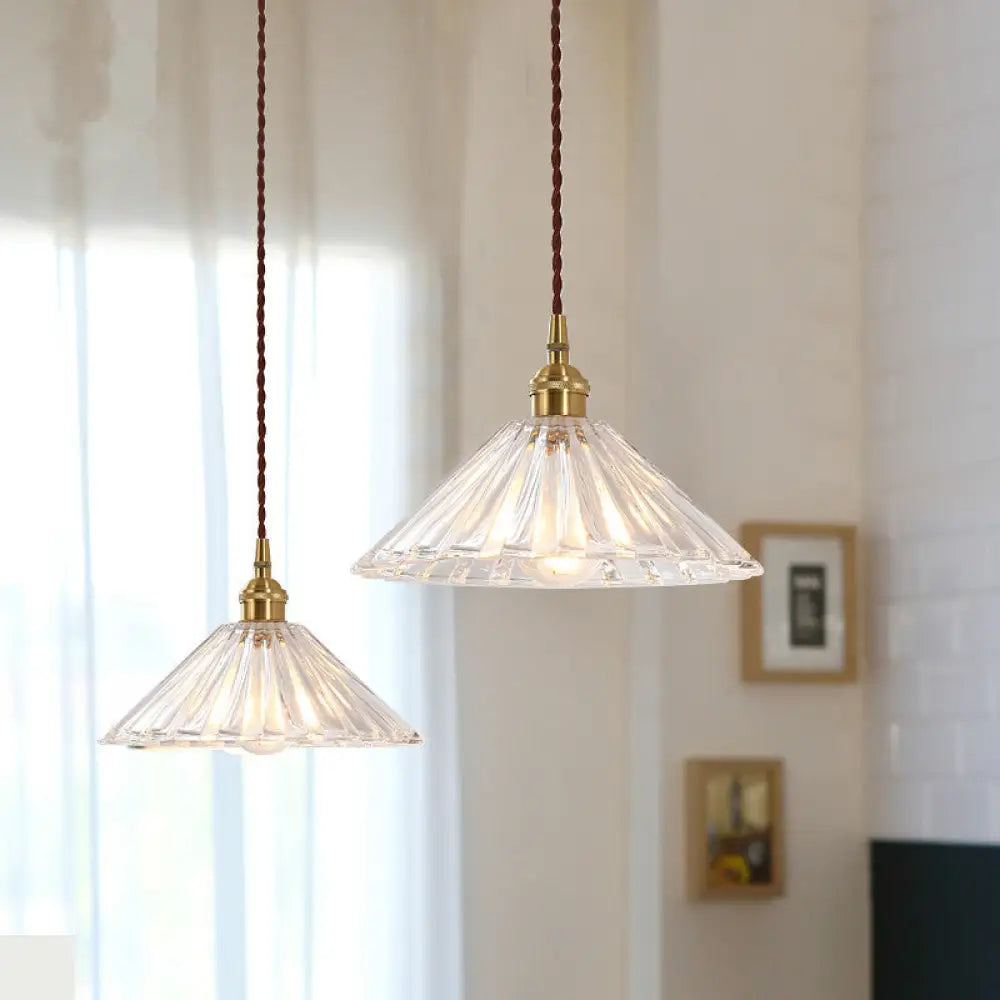 Antique Pendant Light With Clear Ribbed Glass Shade For Dining Room - 1-Light Ceiling Hang Lamp