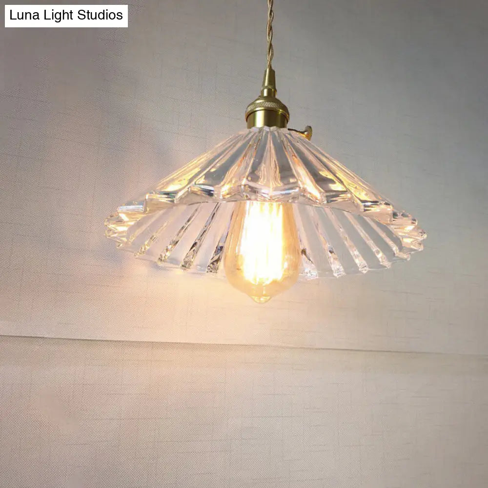 Antique Pendant Light With Clear Ribbed Glass Shade For Dining Room Ceiling