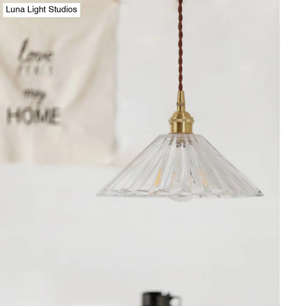 Antique Pendant Light With Clear Ribbed Glass Shade For Dining Room - 1-Light Ceiling Hang Lamp