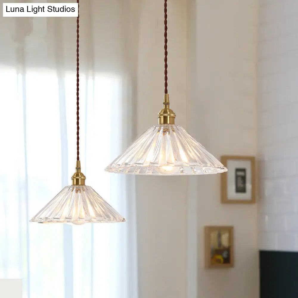 Antique Pendant Light With Clear Ribbed Glass Shade For Dining Room Ceiling