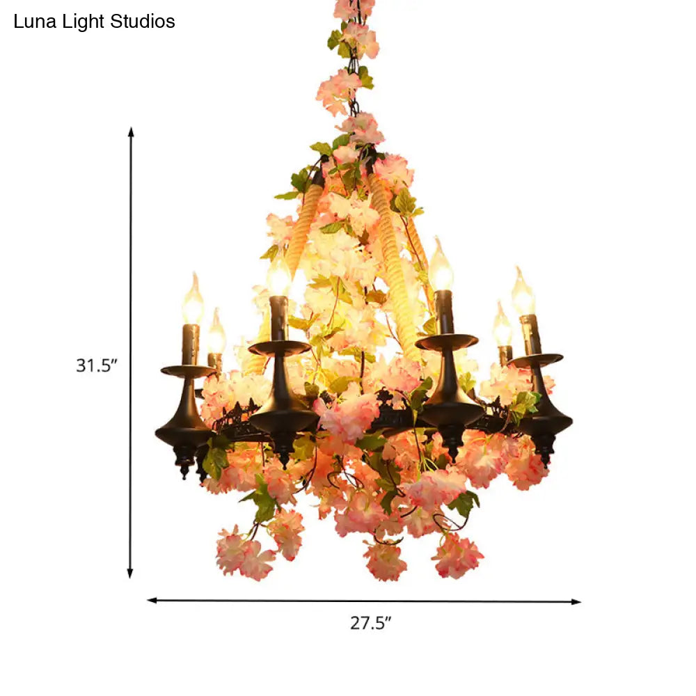 Antique Pink Metal Candle Chandelier - 6-Head Led Pendant Lamp With Cherry Blossom Design For