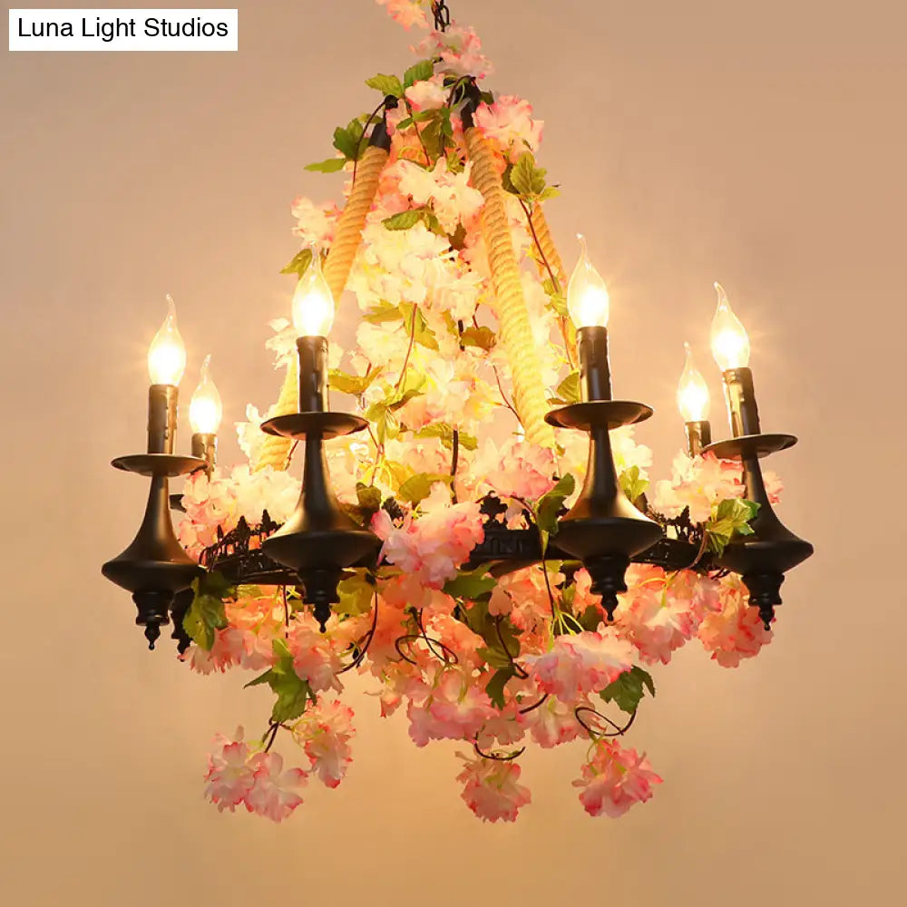 Antique Pink Metal Candle Chandelier - 6-Head Led Pendant Lamp With Cherry Blossom Design For