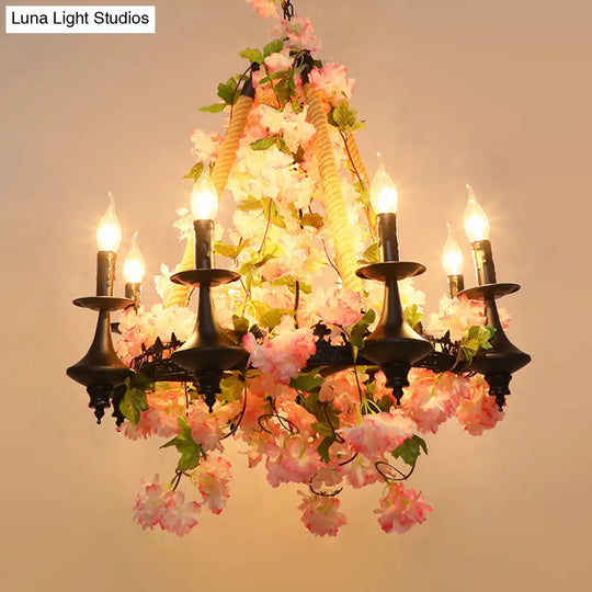 Antique Pink Metal Candle Chandelier - 6-Head Led Pendant Lamp With Cherry Blossom Design For