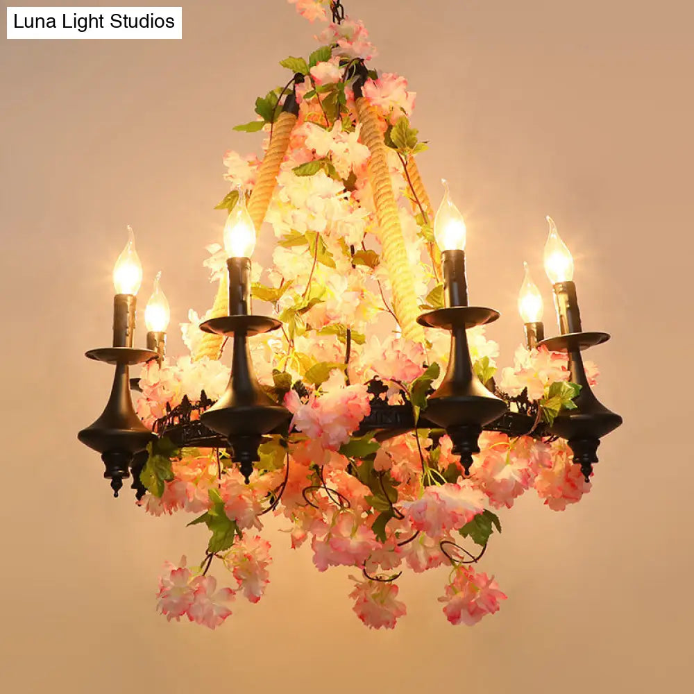 Metal Candle Chandelier Light Fixture - Antique Pink Led Pendant Lamp With Cherry Blossom Design