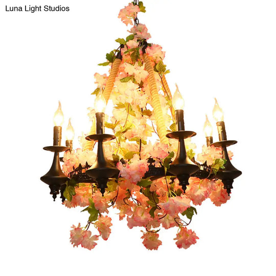 Antique Pink Metal Candle Chandelier - 6-Head Led Pendant Lamp With Cherry Blossom Design For