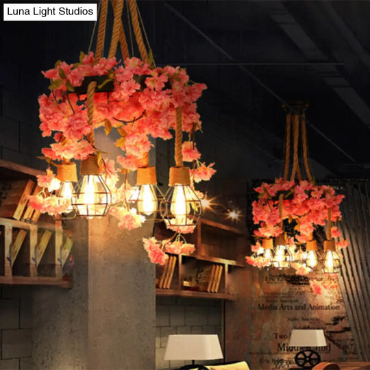 Bare Bulb Cluster Pendant Led Flower Hanging Lamp - Antique Pink/Rose Red Metal Ideal For