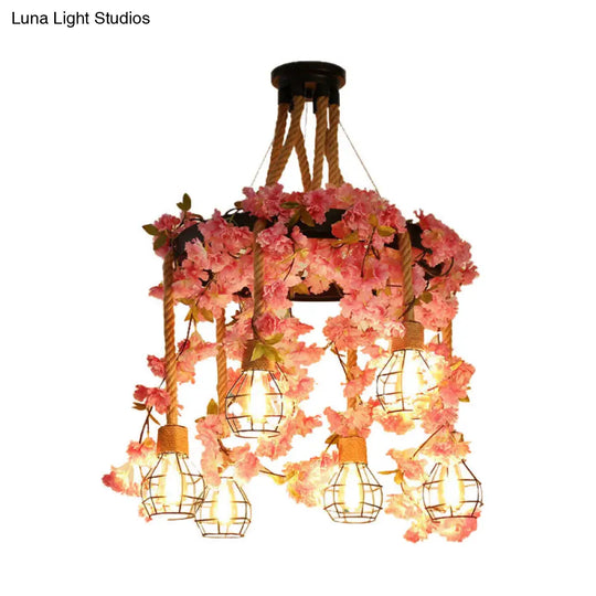 Antique Pink/Rose Red Metal Led Flower Cluster Pendant Lamp - 4/6 Lights Ideal For Restaurants