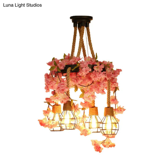 Antique Pink/Rose Red Metal Led Flower Cluster Pendant Lamp - 4/6 Lights Ideal For Restaurants