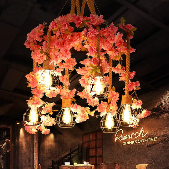 Antique Pink/Rose Red Metal Led Flower Cluster Pendant Lamp - 4/6 Lights Ideal For Restaurants 6 /