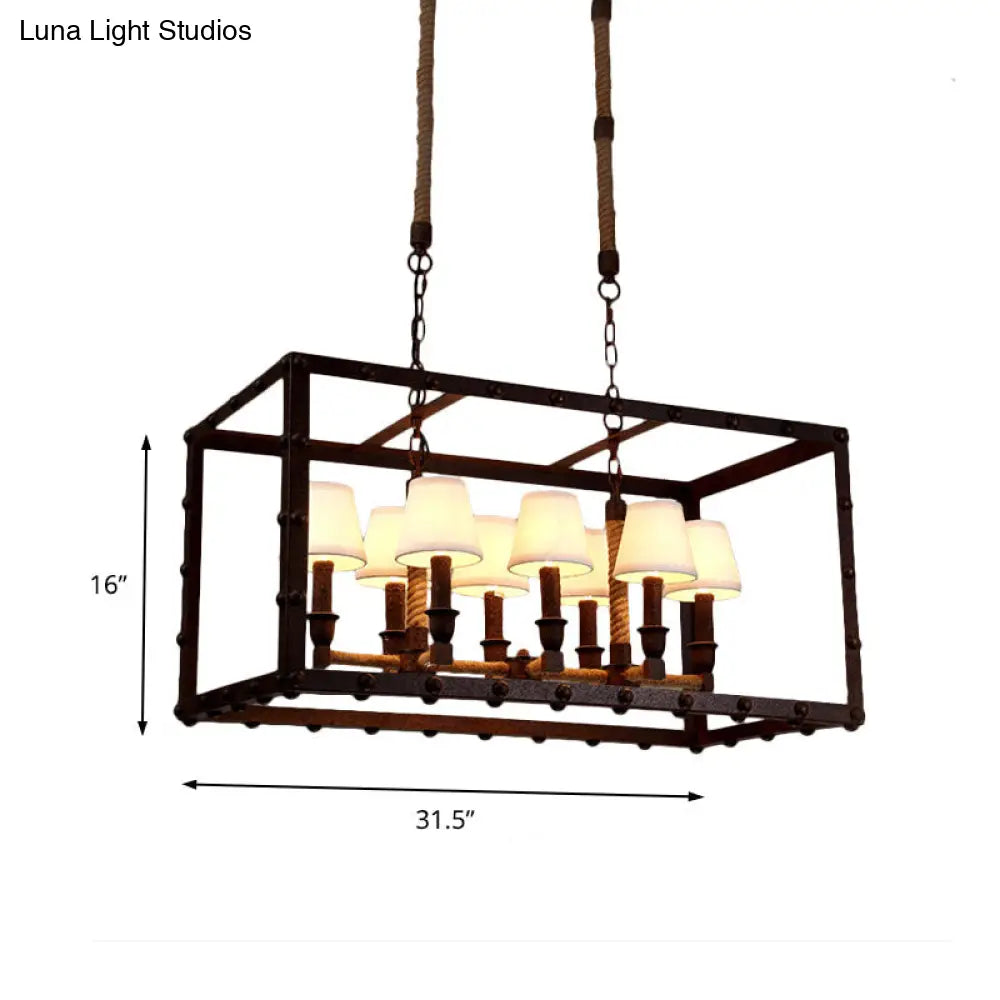 Iron Cage Pendant Lights Antique Chandelier Lamp For Living Room With Fabric Cone Shade In Rust -