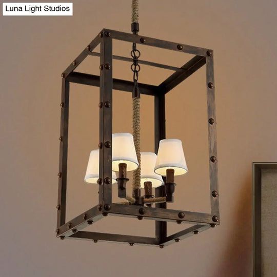 Iron Cage Pendant Lights Antique Chandelier Lamp For Living Room With Fabric Cone Shade In Rust -