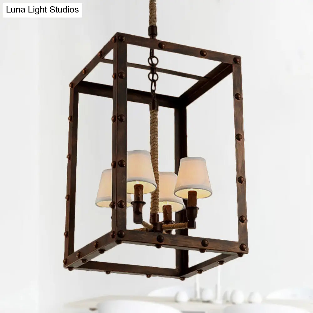 Iron Cage Pendant Lights Antique Chandelier Lamp For Living Room With Fabric Cone Shade In Rust -