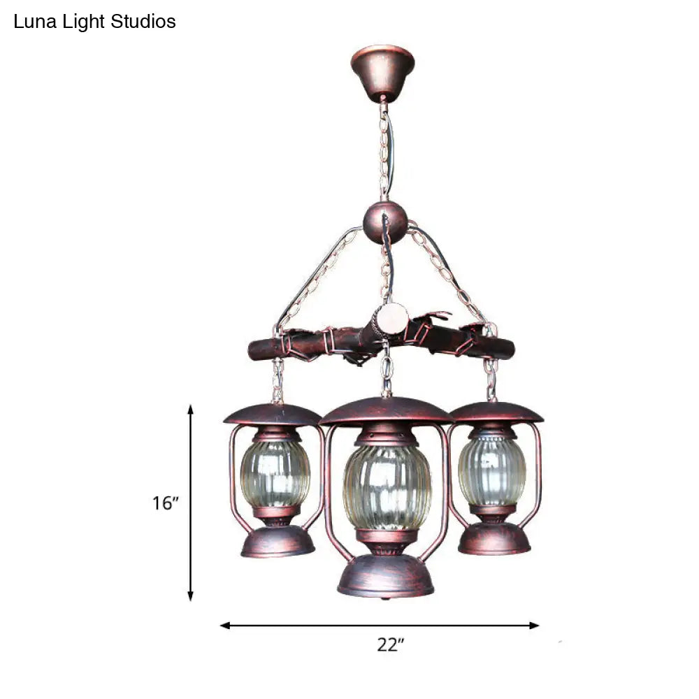 Antique Red Brown 3-Light Chandelier: Kerosene Pendant Lighting For Dining Room