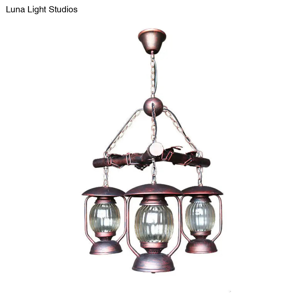 Antique Red Brown Chandelier Pendant Light Fixture 3-Light Kerosene Style For Dining Room