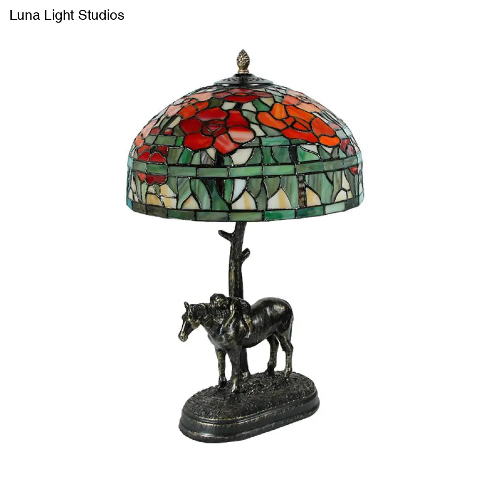 Antique Resin Horse Nightstand Lamp - Bronze With Glass Shade