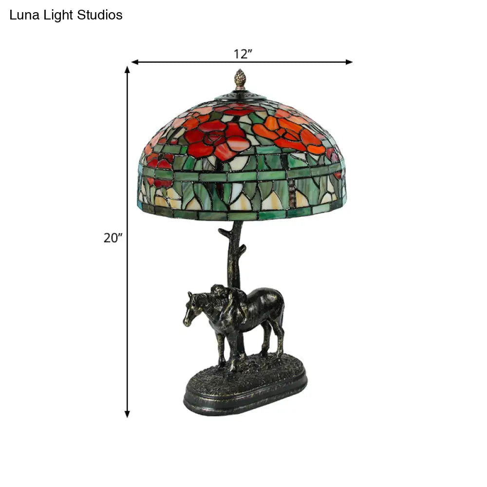 Antique Resin Horse Nightstand Lamp - Bronze With Glass Shade