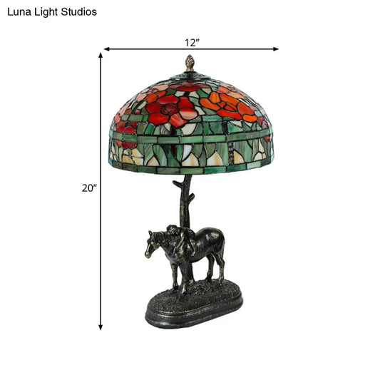 Antique Resin Horse Nightstand Lamp - Bronze With Glass Shade