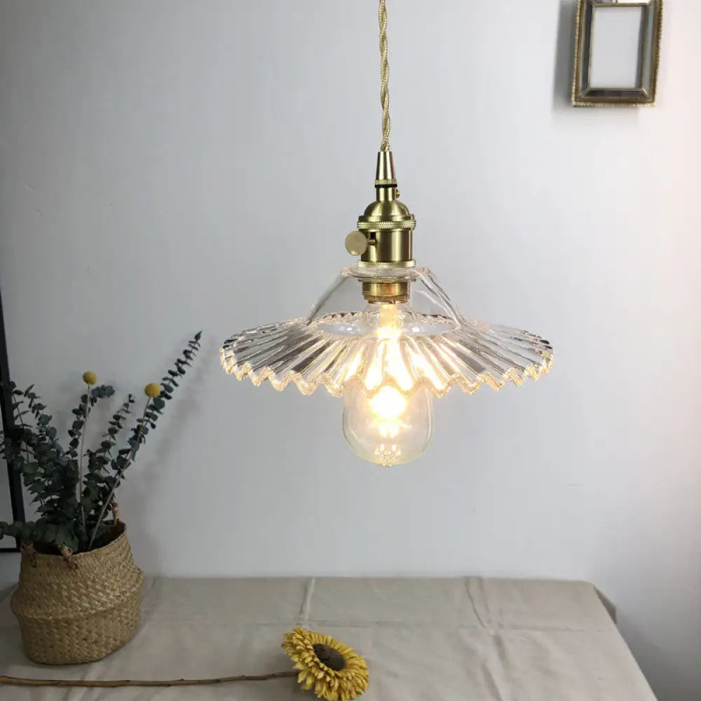 Antique Ribbed Glass Cone Pendant Light Fixture - 1-Light Restaurant Hanging Lighting Clear