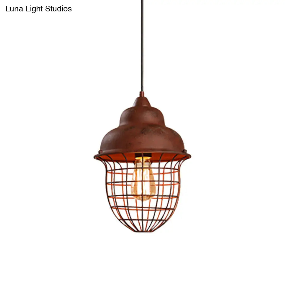 Double Bubble Pendant Light With Urn Cage Shade - Antique Style Rust Iron Hanging Lamp