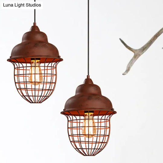 Double Bubble Pendant Light With Urn Cage Shade - Antique Style Rust Iron Hanging Lamp