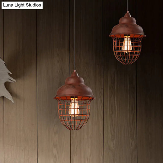 Double Bubble Pendant Light With Urn Cage Shade - Antique Style Rust Iron Hanging Lamp