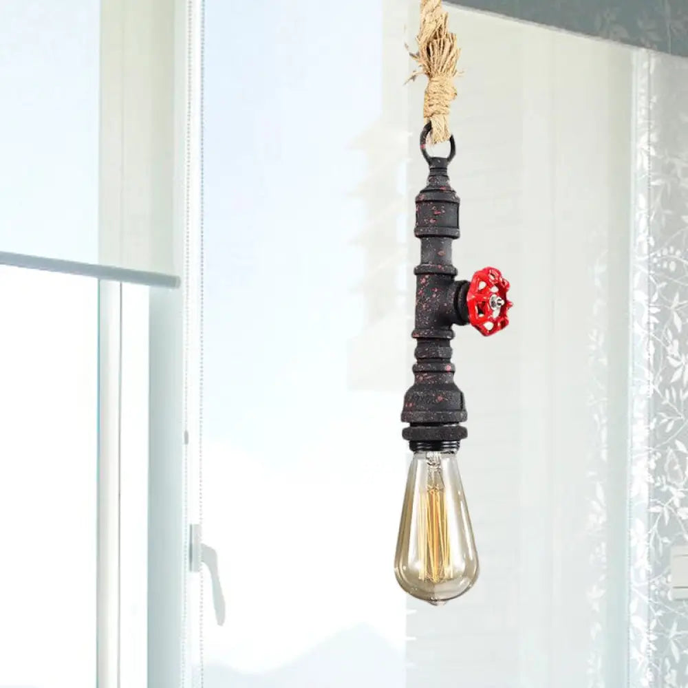 Antique Rust Metal & Rope Warehouse Pendant Light - Adjustable Ceiling Fixture With Bare Bulb