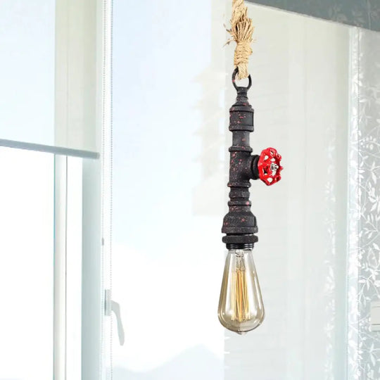 Antique Rust Metal & Rope Warehouse Pendant Light - Adjustable Ceiling Fixture With Bare Bulb