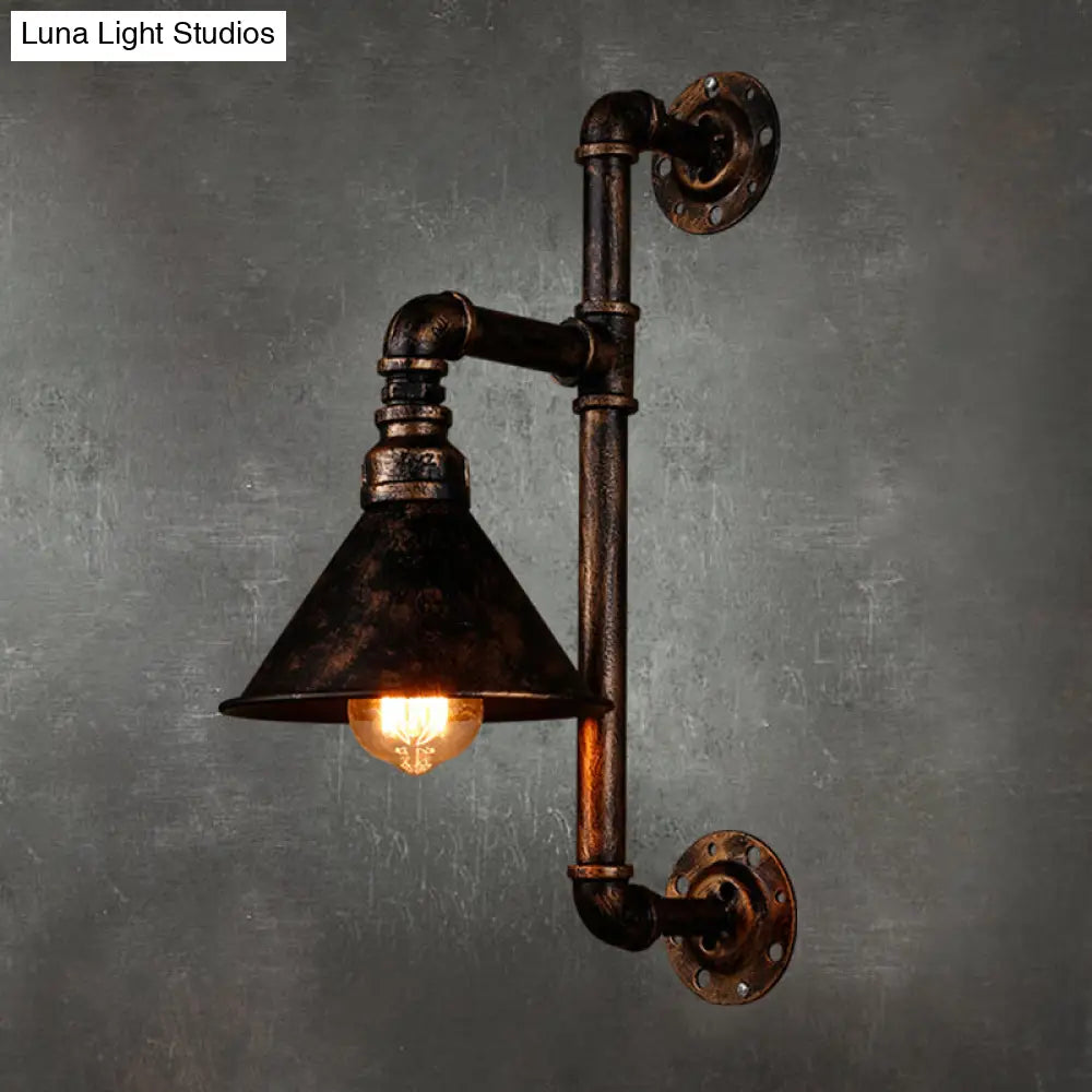 Antique Rust Water Pipe Iron Wall Mount Light With Cone Shade - 1-Light Restaurant Lighting Fixture