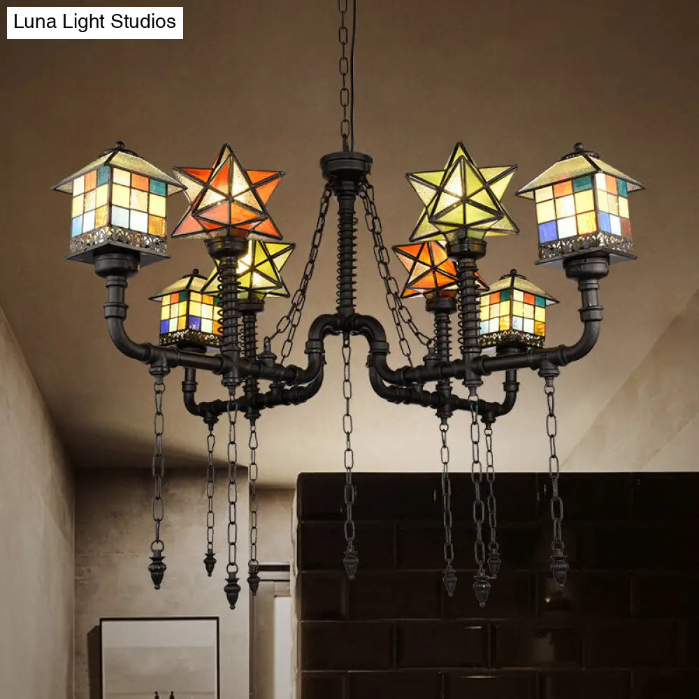 Rustic Stained Glass Chandelier With House And Star Design For Living Room Ceiling