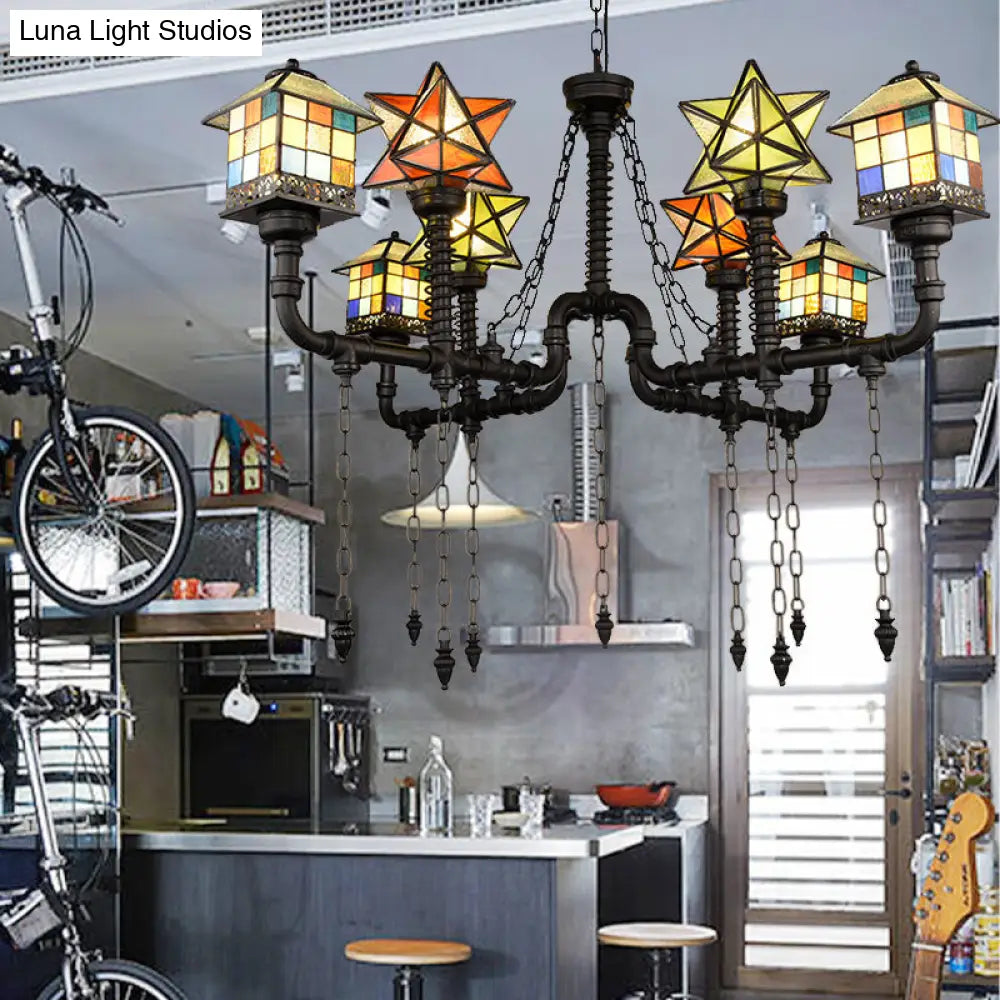 Rustic Stained Glass Chandelier With House And Star Design For Living Room Ceiling Black