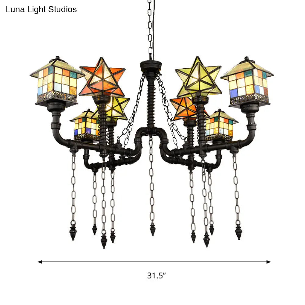 Antique Rustic House And Star Stained Glass Chandelier Ceiling Light For Living Room