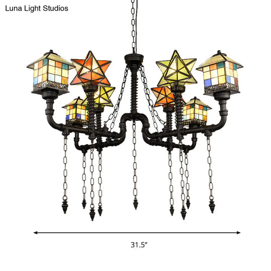 Antique Rustic House And Star Stained Glass Chandelier Ceiling Light For Living Room