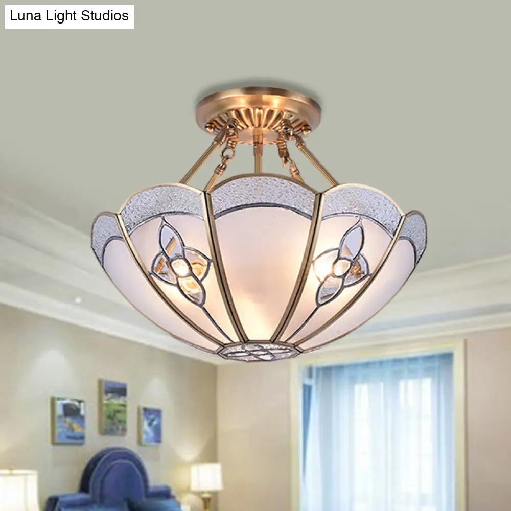 Antique Scalloped Bedroom Semi Flush Mount With Frosted Glass Shade - 4 Bulb Brass Ceiling Light