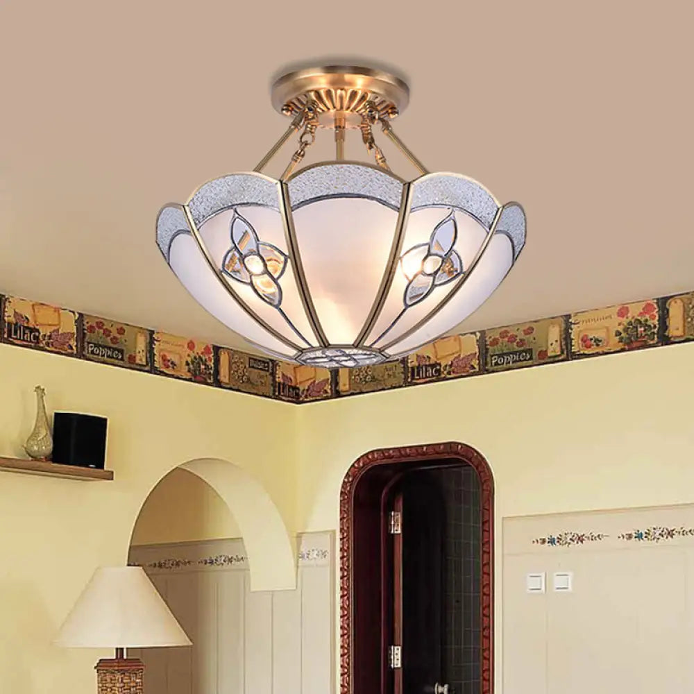Antique Scalloped Bedroom Semi Flush Mount With Frosted Glass Shade - 4 Bulb Brass Ceiling Light