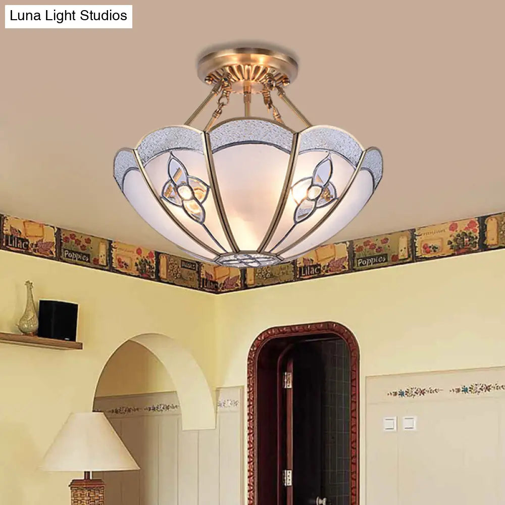 Antique Scalloped Bedroom Semi Flush Mount With Frosted Glass Shade - 4 Bulb Brass Ceiling Light