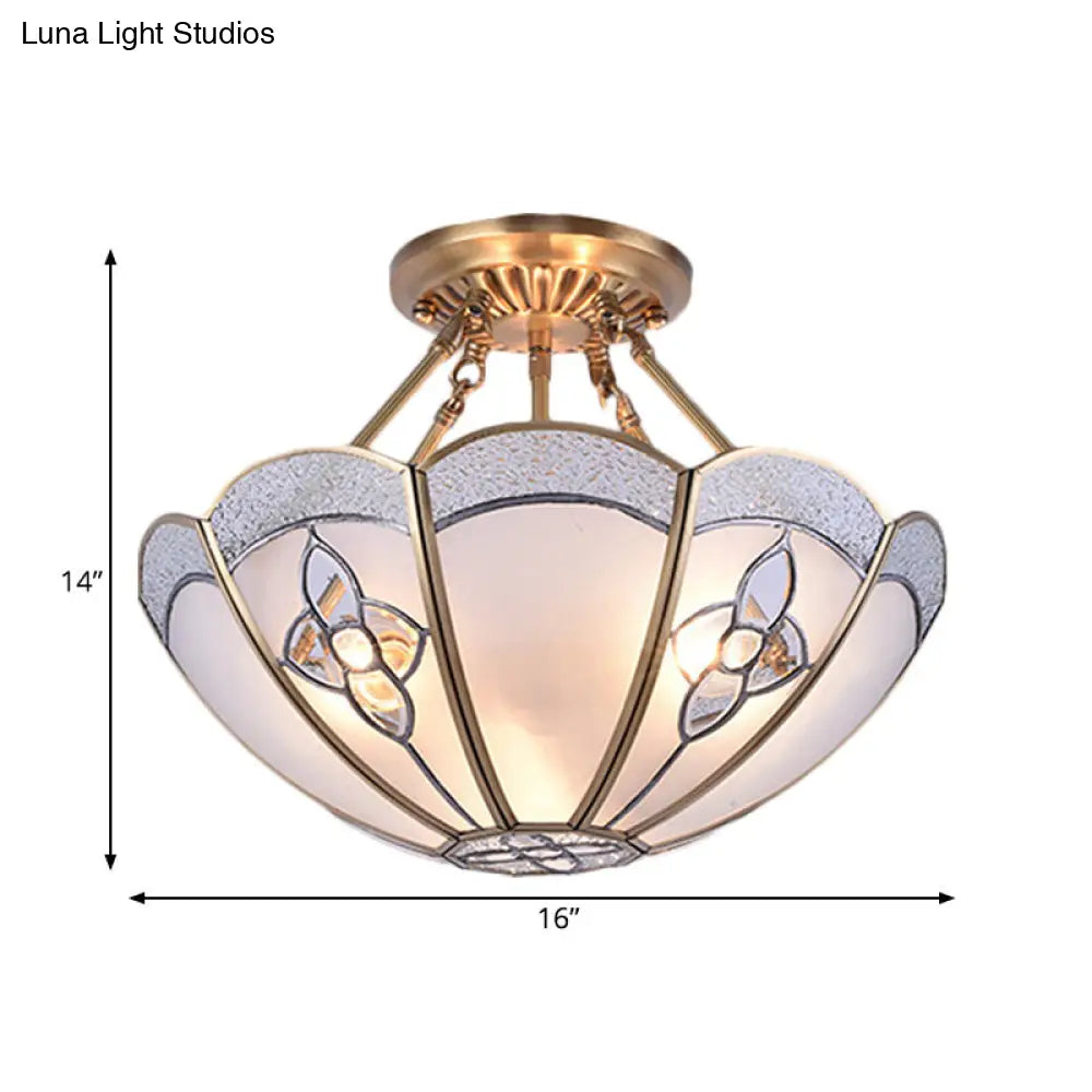 Antique Scalloped Bedroom Semi Flush Mount With Frosted Glass Shade - 4 Bulb Brass Ceiling Light