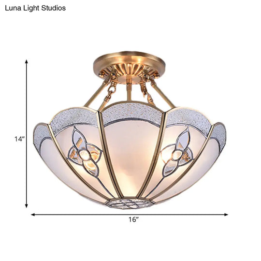 Antique Scalloped Bedroom Semi Flush Mount With Frosted Glass Shade - 4 Bulb Brass Ceiling Light