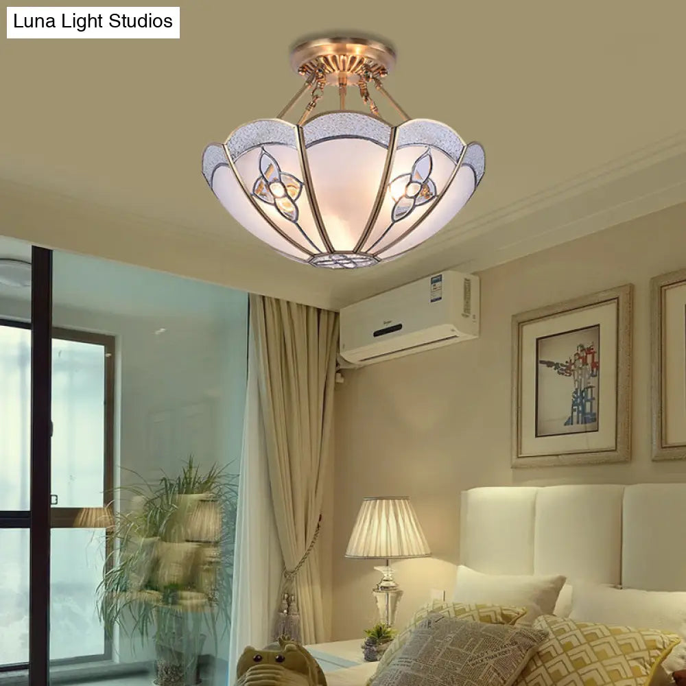 Antique Scalloped Bedroom Semi Flush Mount With Frosted Glass Shade - 4 Bulb Brass Ceiling Light