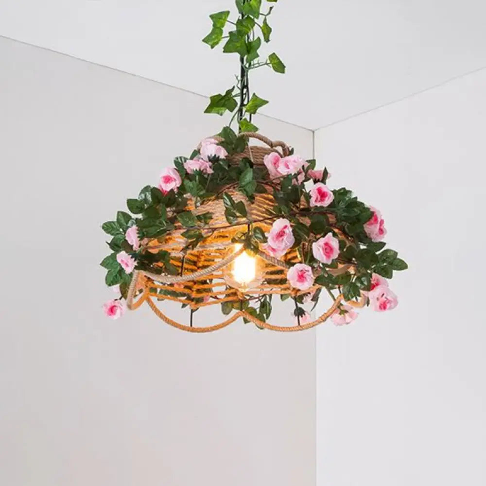 Antique Scalloped Hemp Rope Pendant Light With Green Decorative Rose - Ideal For Restaurants