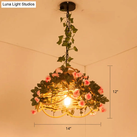 Antique Scalloped Hemp Rope Pendant Light With Green Decorative Rose - Ideal For Restaurants