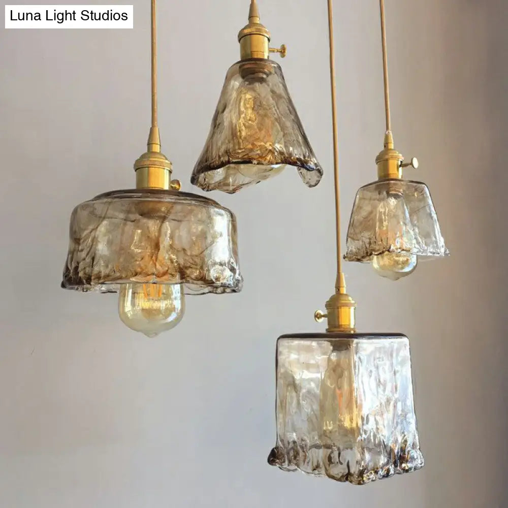 Antique Shaded Pendant Light - 1-Light Brown Glass Hanging In Brass For Dining Room Decor